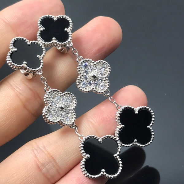 <CHIBA>CLOVER 3 MOTIF DIAMOND ONYX SILVER EARRINGS
