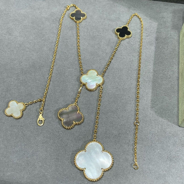 <CHIBA>CLOVER 6 MOTIF MOP ONYX GOLD NECKLACE
