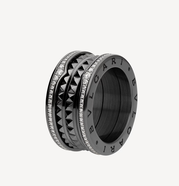 <CHIBA>ZERO 1 ROCK FOUR-BAND BLACK CERAMIC WITH STUDDED SPIRAL AND PAVED DIAMONDS RING