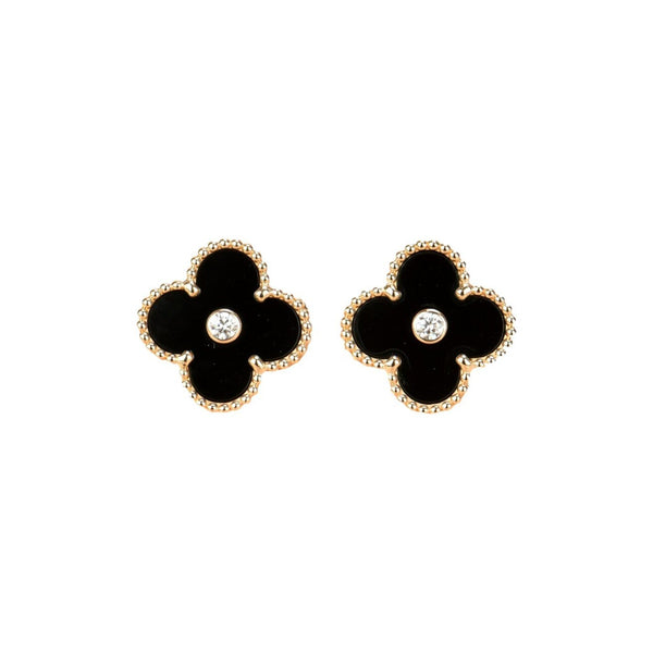 <CHIBA>CLOVER MEDIUM 1 MOTIFS ONYX DIAMOND EARRINGS