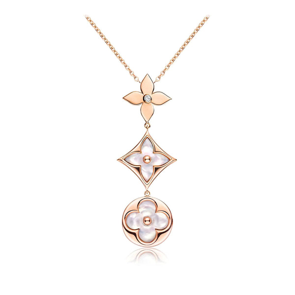 <CHIBA>COLOR BLOSSOM LARIAT NECKLACE PINK GOLD WHITE MOTHER PEARL AND DIAMOND
